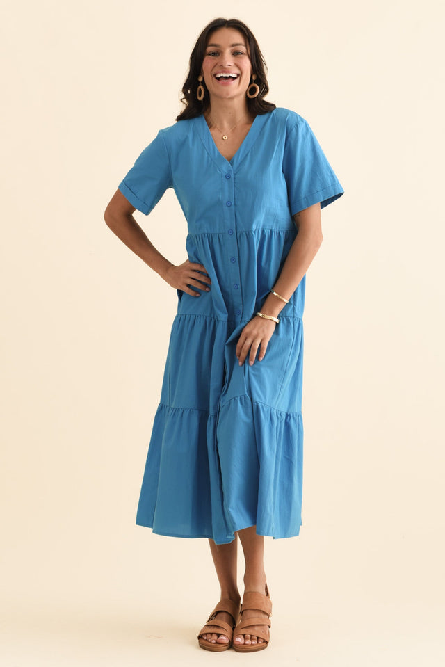 Winona Blue Cotton Button Dress,Brunette model,alt text|model:Brontie image 7