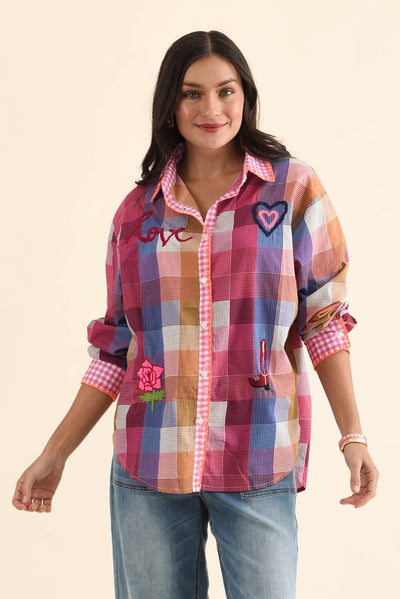 Woods Pink Heart Cotton Embroidered Shirt