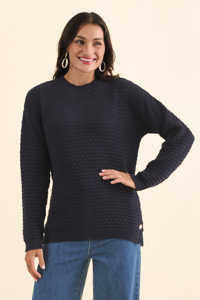 Yanny Navy Organic Cotton Knit Jumper,Brunette model,alt text|model:Brontie