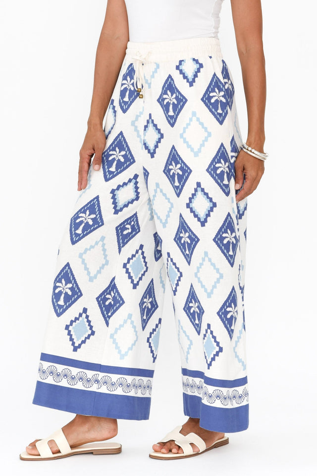 Yara Blue Palm Linen Pants,Brunette model,alt text|model:Cara image 4