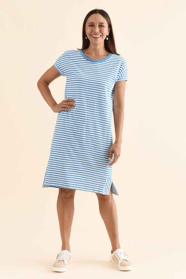Yarra Blue Stripe Cotton Tee Dress,Full Body,Brunette model,alt text|model:Cara
