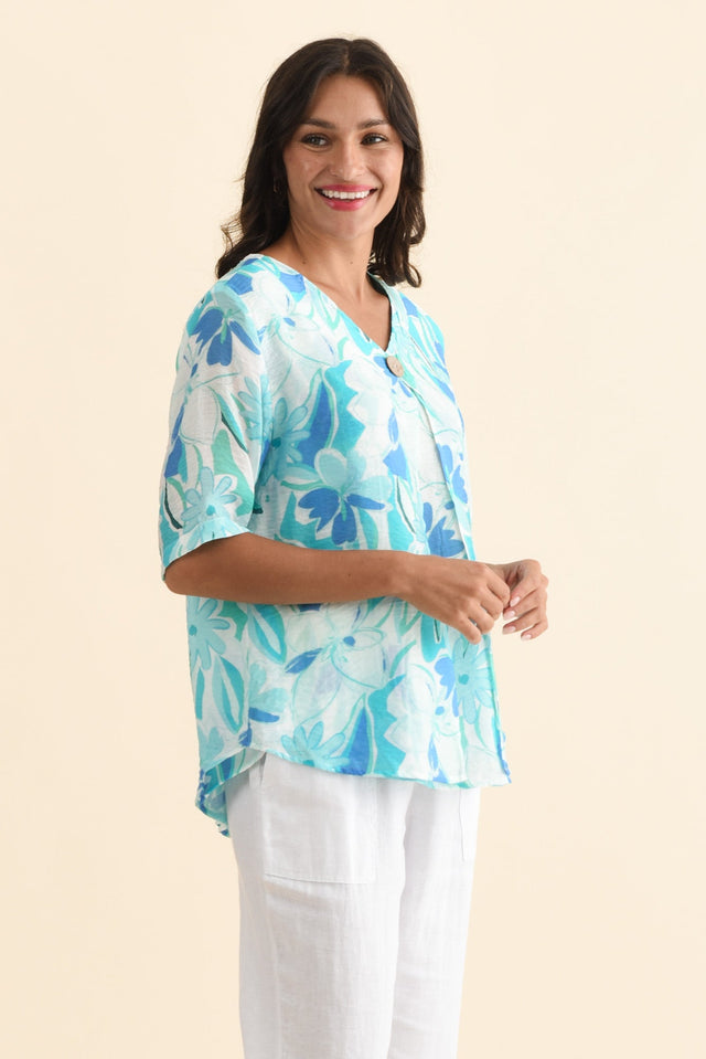 Yasmin Blue Floral Layered Button Top,Brunette model,alt text|model:Brontie image 5