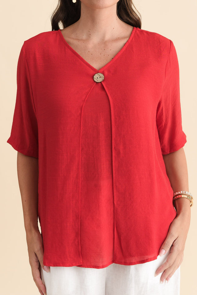 Yasmin Red Layered Button Top,Brunette model,alt text|model:MJ image 6