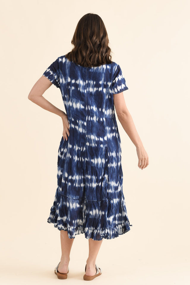 Yuki Navy Tie Dye Crinkle Cotton Dress,Back,Brunette model,alt text|model:MJ image 4