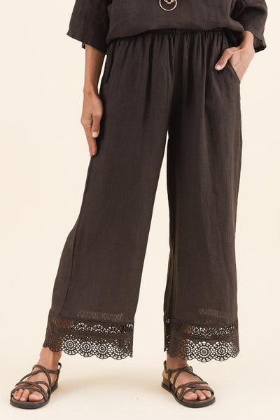 Yukon Chocolate Linen Embroidered Pants