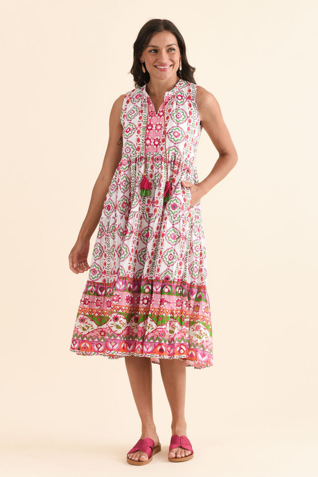 Zackary Pink Mosaic Cotton Sleeveless Dress,Full Body,Brunette model,alt text|model:Brontie image 3