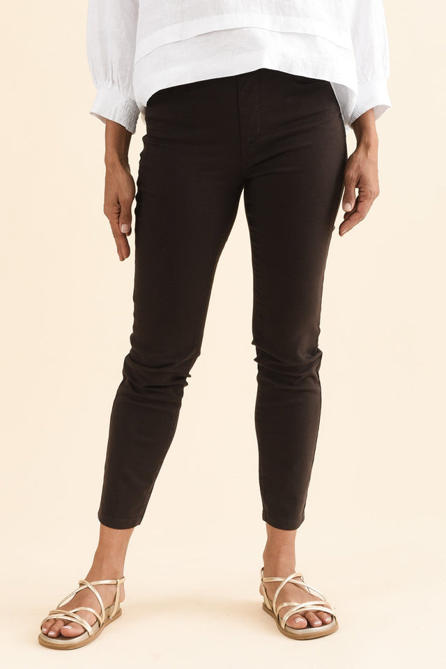 Zadie Chocolate Stretch Jeans,Front,Brunette model,alt text|model:Cara