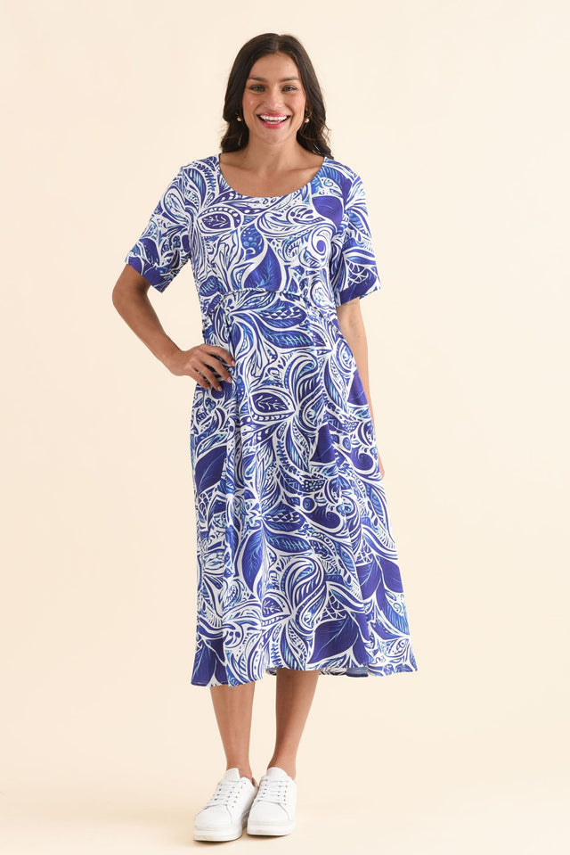 Zaelia Blue Leaf Crescent Dress,Full Body,Brunette model,alt text|model:Brontie
