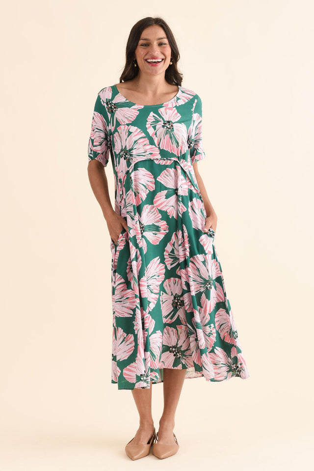 Zaelia Green Floral Crescent Dress,Front,Brunette model,alt text|model:Brontie image 1
