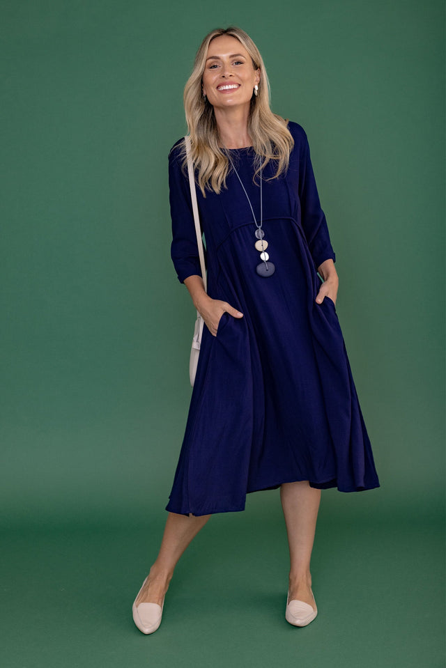 Zaelia Navy Sleeved Crescent Dress,Brunette model,Lifestyle image 1
