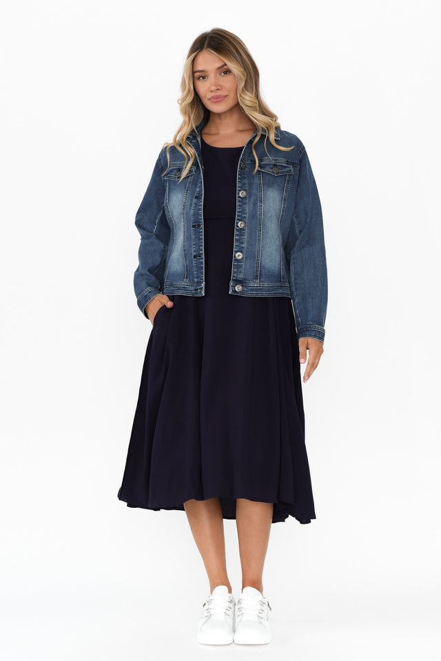 Zaelia Navy Sleeved Crescent Dress,Blonde model,alt text|model:Mollie image 4