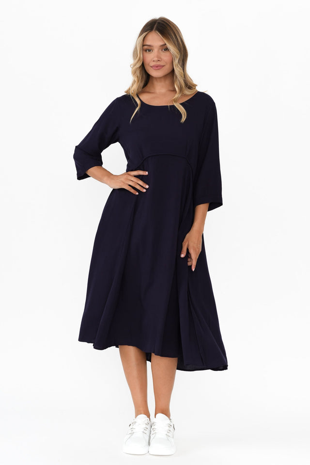 Zaelia Navy Sleeved Crescent Dress,Blonde model,alt text|model:Mollie