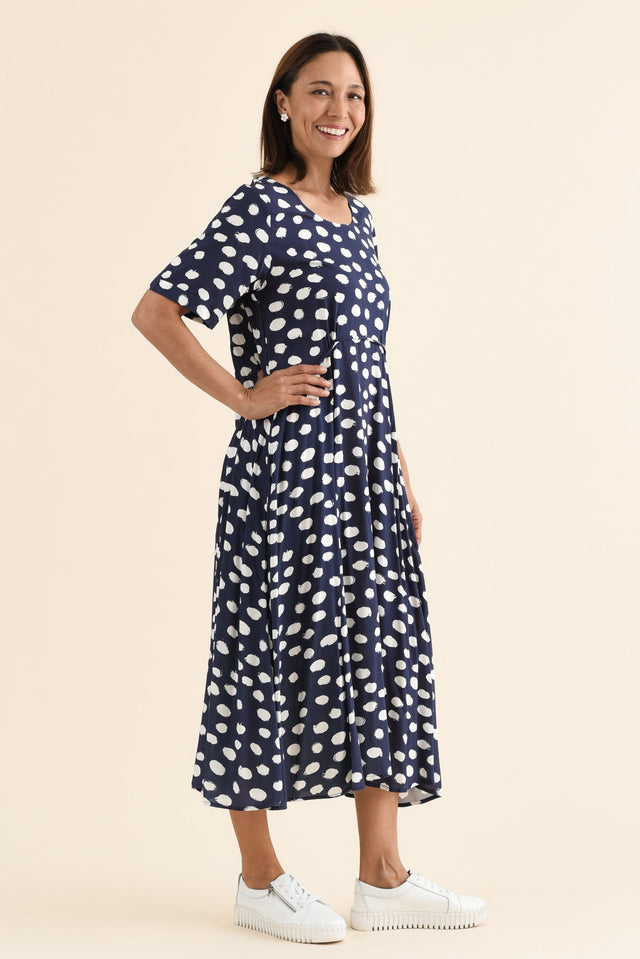 Zaelia Navy Spot Crescent Dress,Side,Brunette model,alt text|model:Cara image 4
