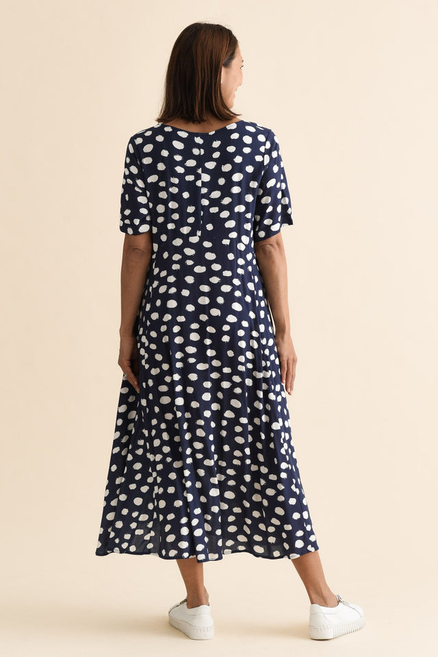 Zaelia Navy Spot Crescent Dress,Back,Brunette model,alt text|model:Cara image 5