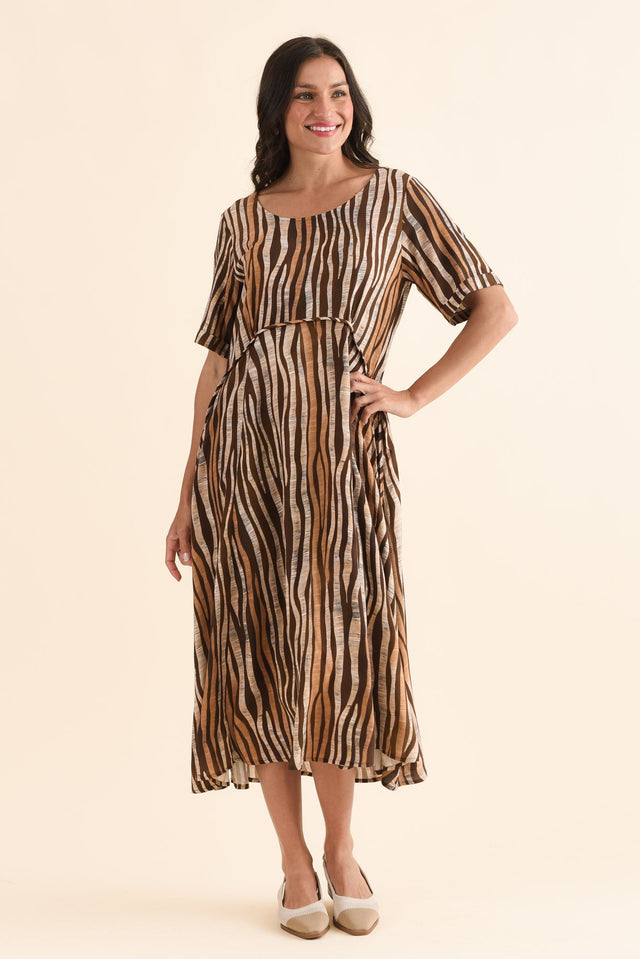 Zaelia Tan Zebra Crescent Dress,Front,Brunette model,alt text|model:Brontie