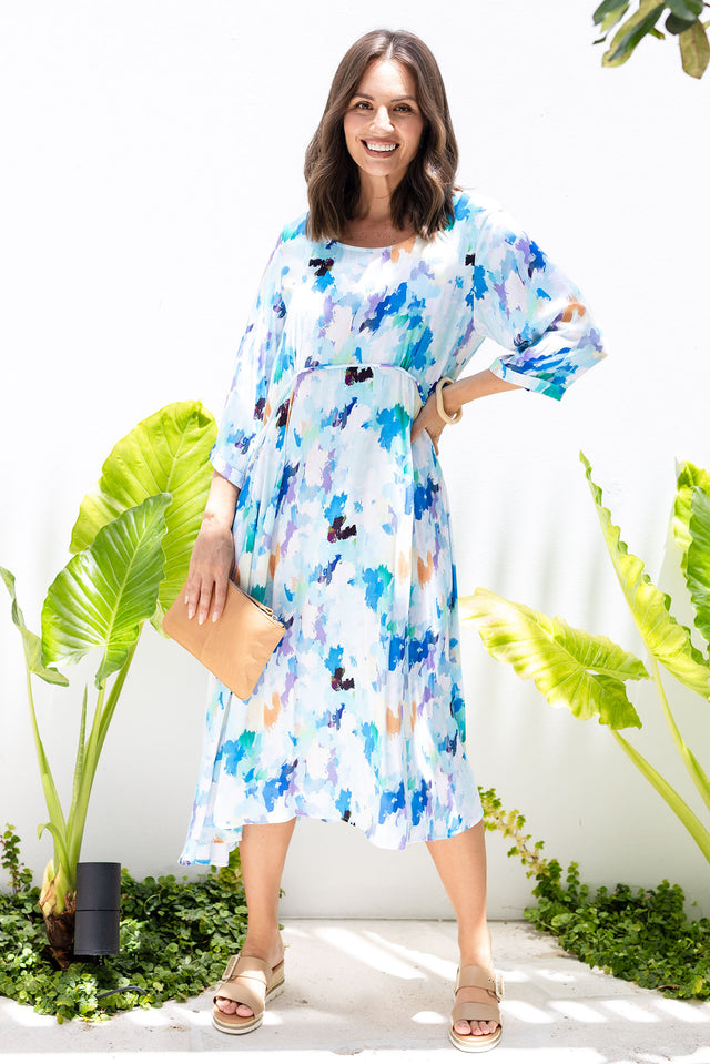 Zaelia Blue Watercolour Sleeved Crescent Dress