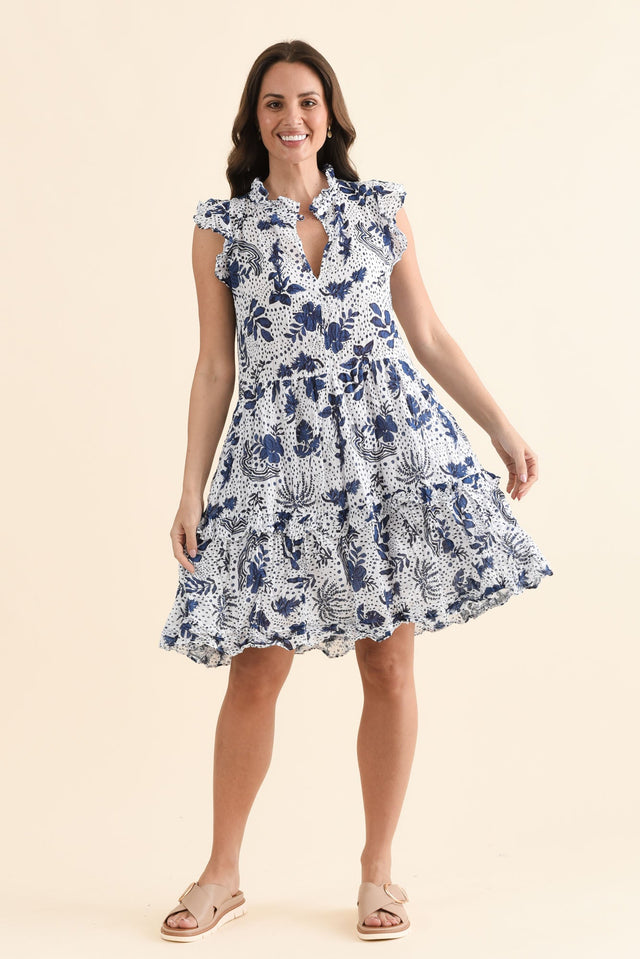 Zeplin Blue Garden Cotton Frill Dress,Full Body,Brunette model,alt text|model:MJ image 6