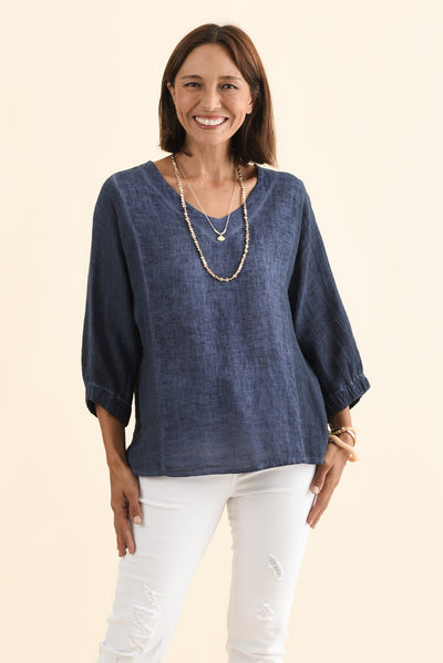 Ziola Blue Linen Cotton Sleeved Top