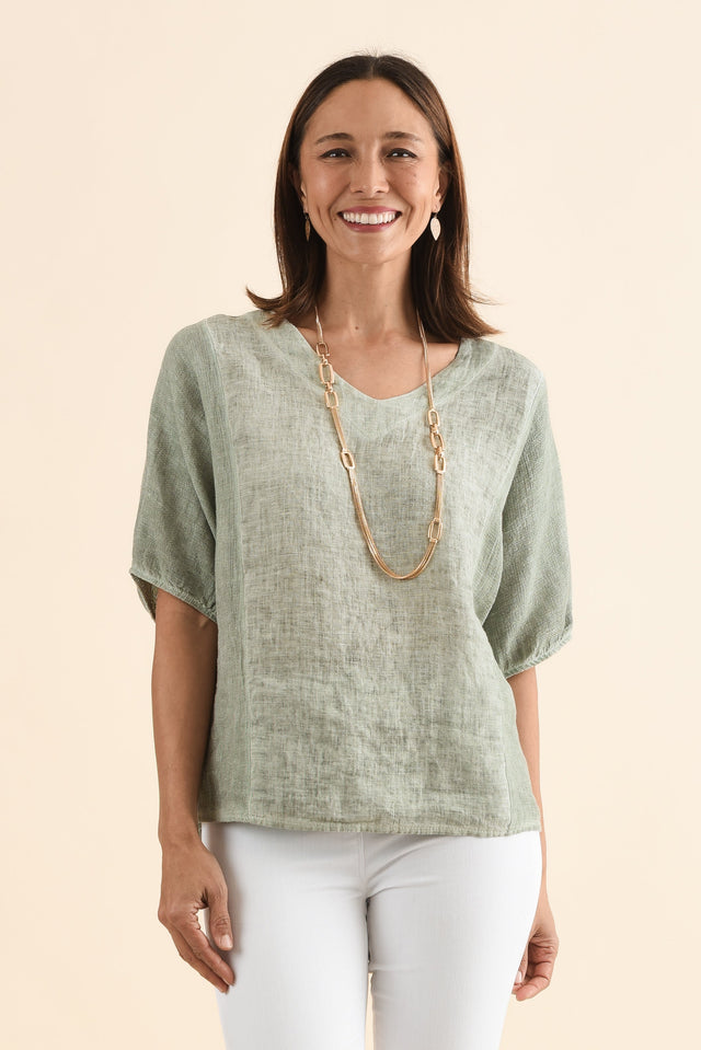 Ziola Khaki Linen Cotton Top,Front,Brunette model,alt text|model:Cara image 1