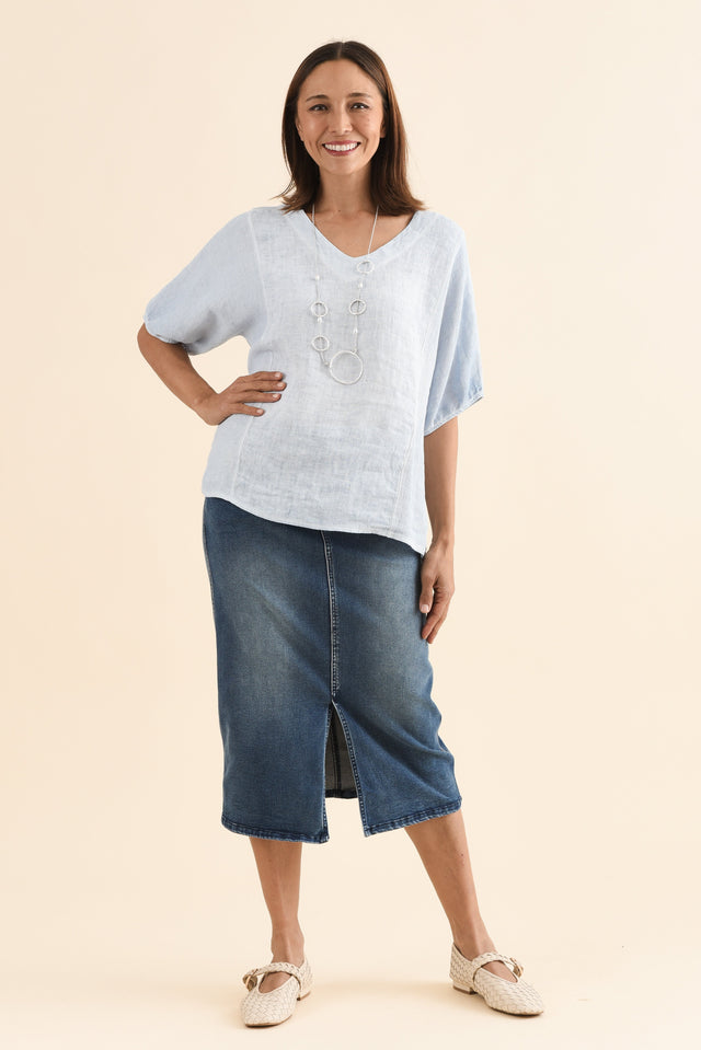 Kylie Dark Wash Denim Midi Skirt,Full Body,Brunette model,alt text|model:Cara image 6
