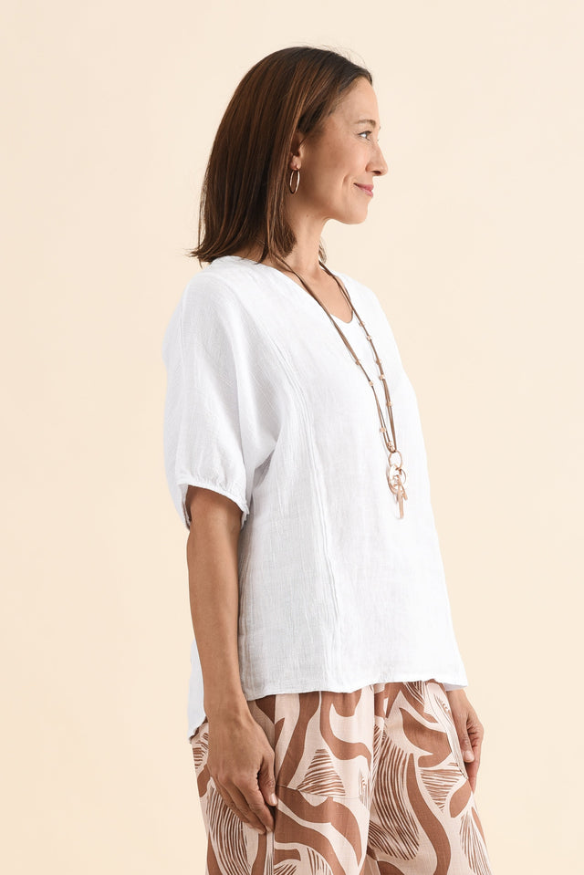 Ziola White Linen Cotton Top,Side,Brunette model,alt text|model:Cara image 3