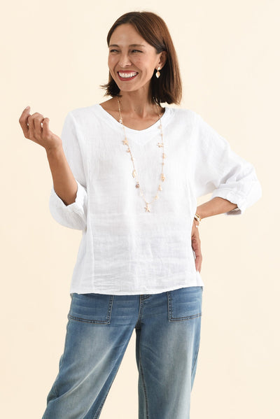 Ziola White Linen Cotton Sleeved Top