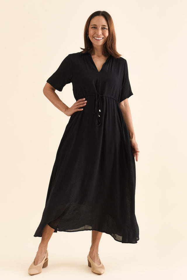 Zoya Black Pocket Tie Dress,Front,Brunette model,alt text|model:Cara