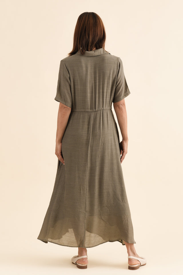 Zoya Khaki Pocket Tie Dress,Back,Brunette model,alt text|model:Cara image 4