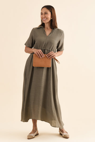 Zoya Khaki Pocket Tie Dress
