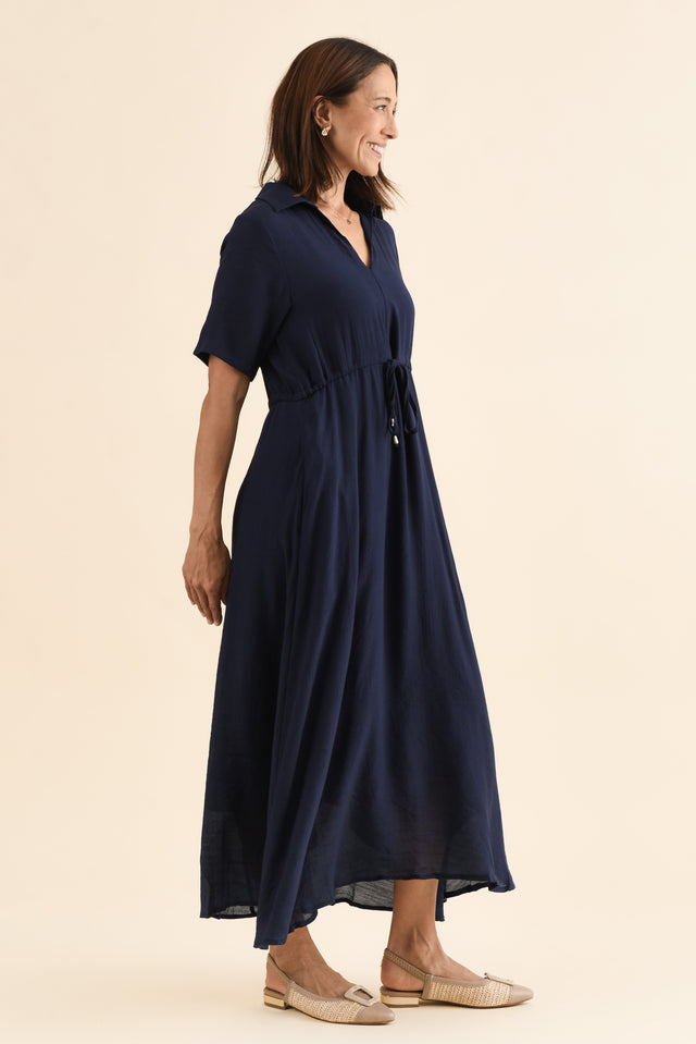 Zoya Navy Pocket Tie Dress,Side,Brunette model,alt text|model:Cara image 3