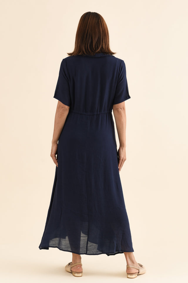 Zoya Navy Pocket Tie Dress,Back,Brunette model,alt text|model:Cara image 4