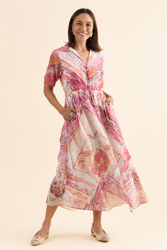 Zoya Pink Abstract Pocket Tie Dress,Full Body,Brunette model,alt text|model:Cara image 6