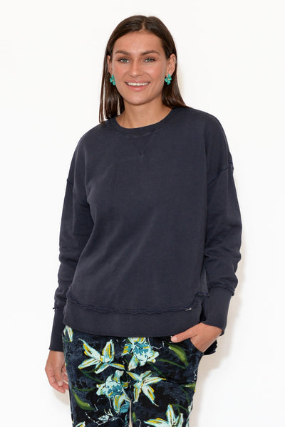 Delilah Navy Cotton Crewneck Sweatshirt