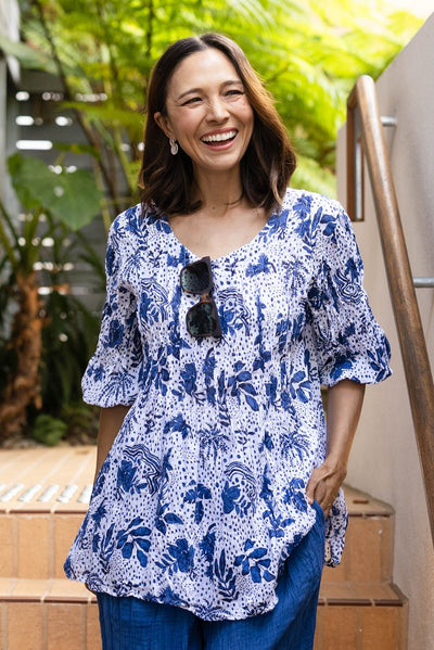 Selma Blue Garden Crinkle Cotton Top