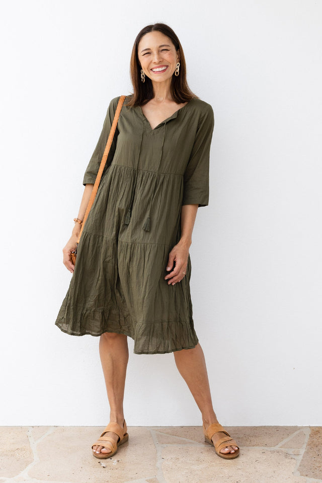Milana Khaki Crinkle Cotton Dress,Lifestyle