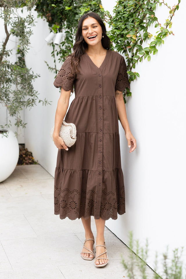 Lilith Chocolate Embroidered Cotton Dress,Lifestyle