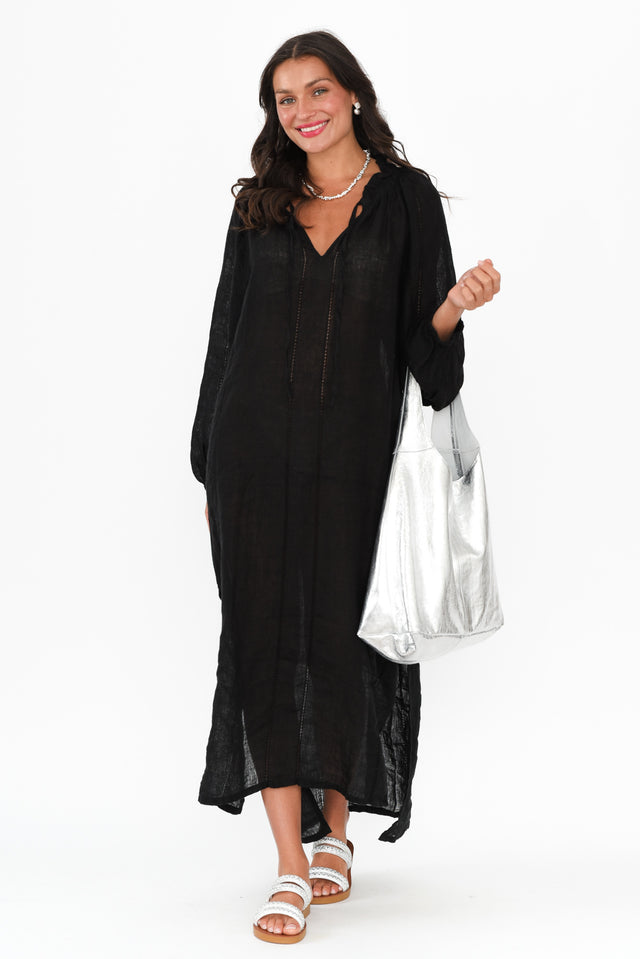 Elena Black Linen V Neck Dress image 3