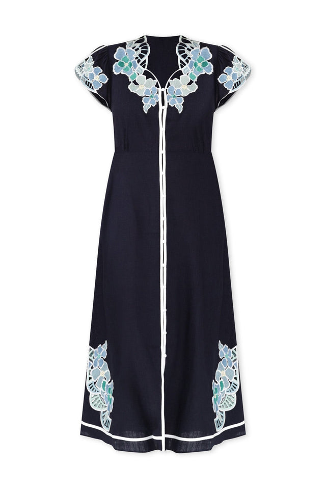 Delray Navy Lapis Embroidered Dress,ghost-mani