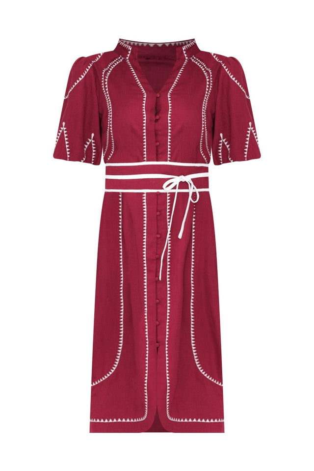 Carlyle Crimson Embroidered Linen Blend Dress,ghost-mani image 3