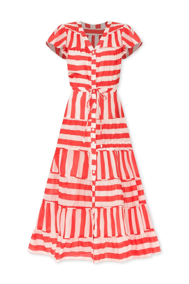 Delilah Red Stripe Cotton Tiered Dress,ghost-mani
