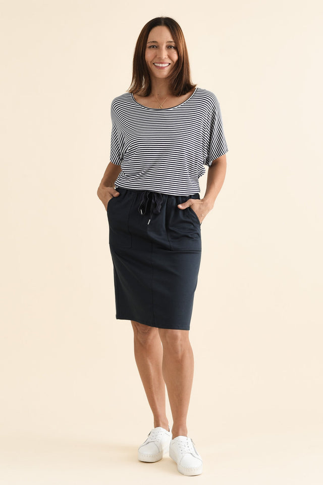 Abigail Navy Drawstring Skirt,brunette model,Full Outfit,alt text|model:Cara image 6