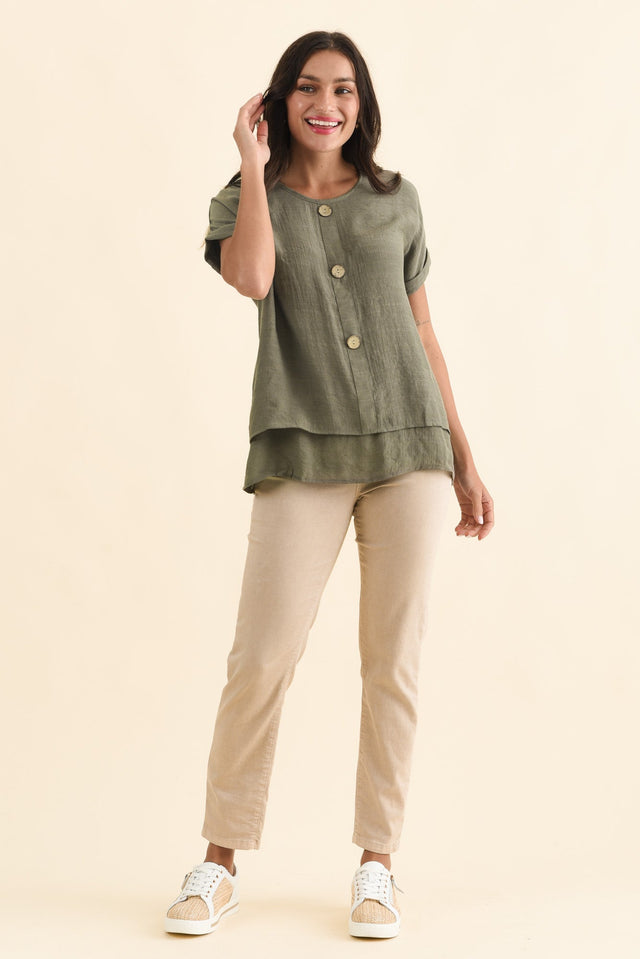 Abilene Khaki Button Top,Brunette model,alt text|model:Brontie image 3