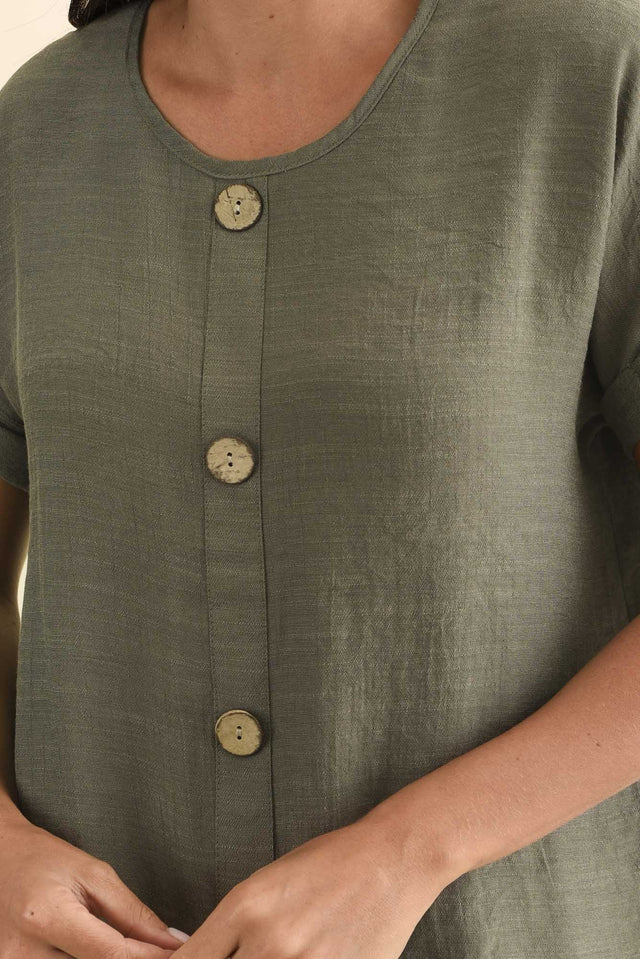Abilene Khaki Button Top,Brunette model,alt text|model:Brontie image 7