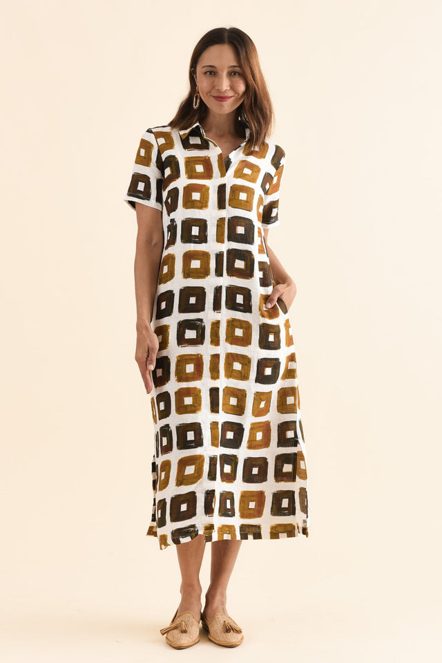 Abraham Orange Tile Linen Dress,Full Body,Brunette model,alt text|model:Cara image 2