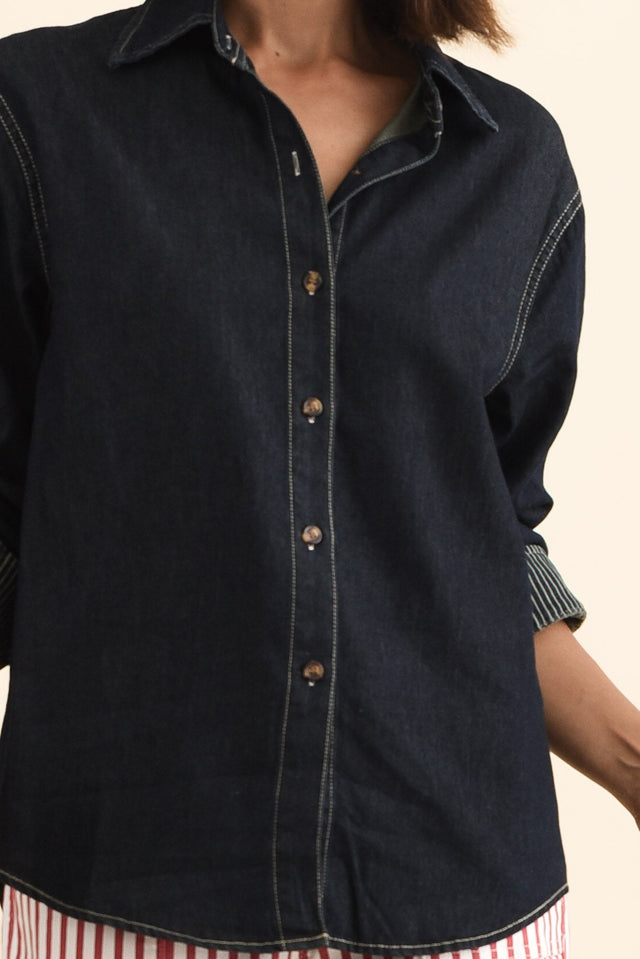 Abriella Dark Blue Denim Shirt,Brunette model,alt text|model:Cara image 6