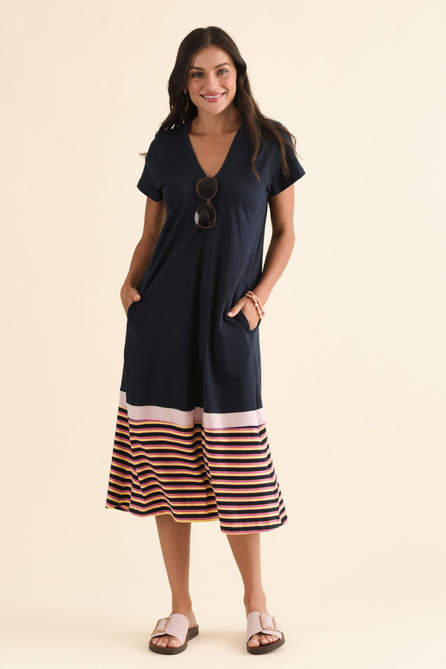 Acai Navy Split Cotton T-Shirt Dress,Front,Brunette model,alt text|model:Brontie