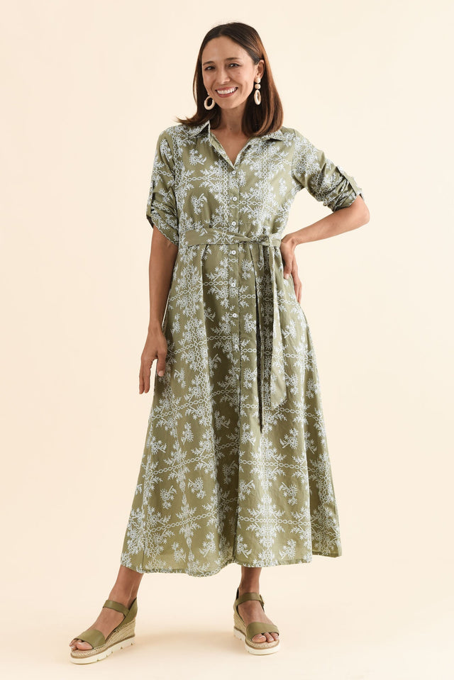 Acala Khaki Cotton Embroidered Dress,Full Body,Brunette model,alt text|model:Cara