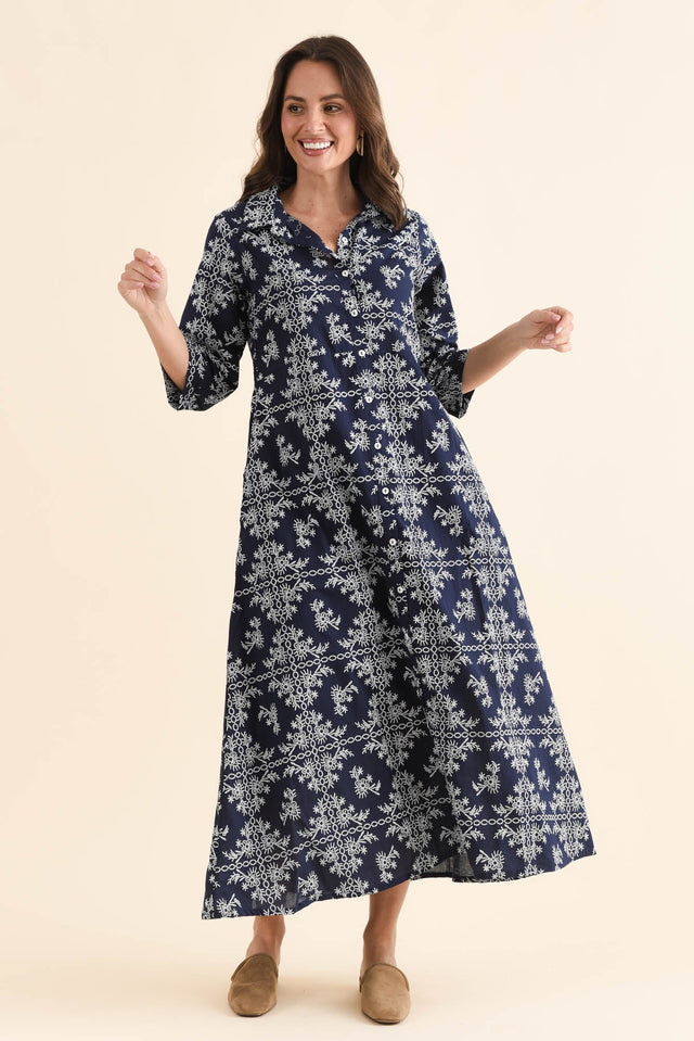 Acala Navy Cotton Embroidered Dress,Full Body,Brunette model,alt text|model:MJ image 6
