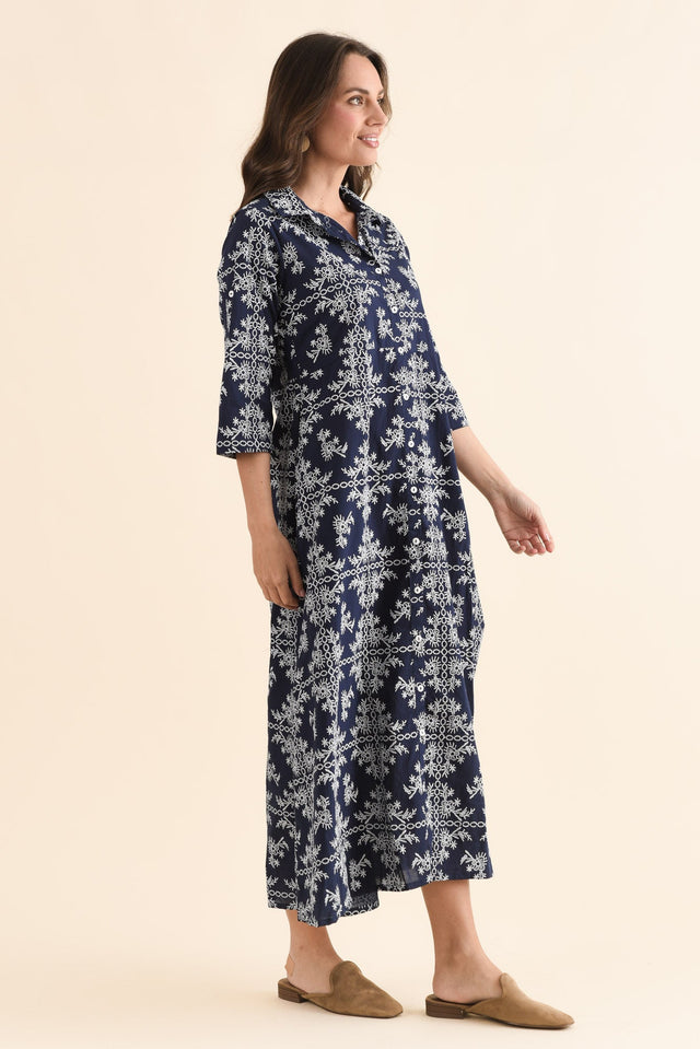 Acala Navy Cotton Embroidered Dress,Side,Brunette model,alt text|model:MJ image 3