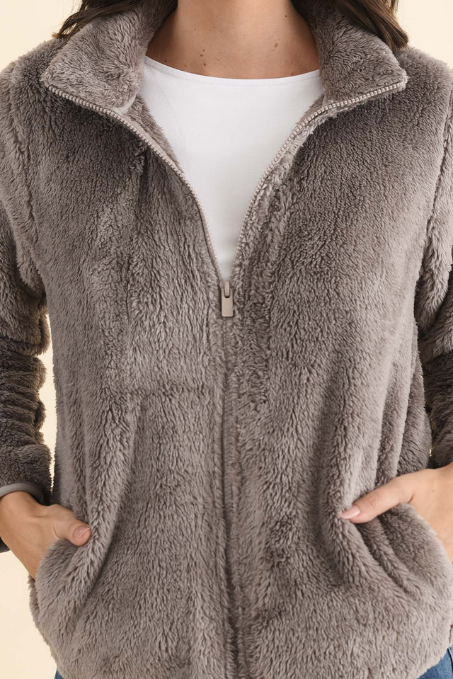 Ackerley Taupe Faux Fur Jacket,Brunette model,alt text|model:MJ image 7